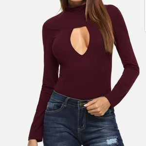Cutout Front Long Sleeve Blouse Maroon Color